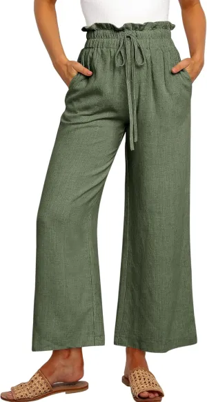 ANRABESS Women Linen Pants Casual Loose High Waist Boho Wide Leg Cropped Palazzo Beach Pants Summer Outfits 2025 Trendy
