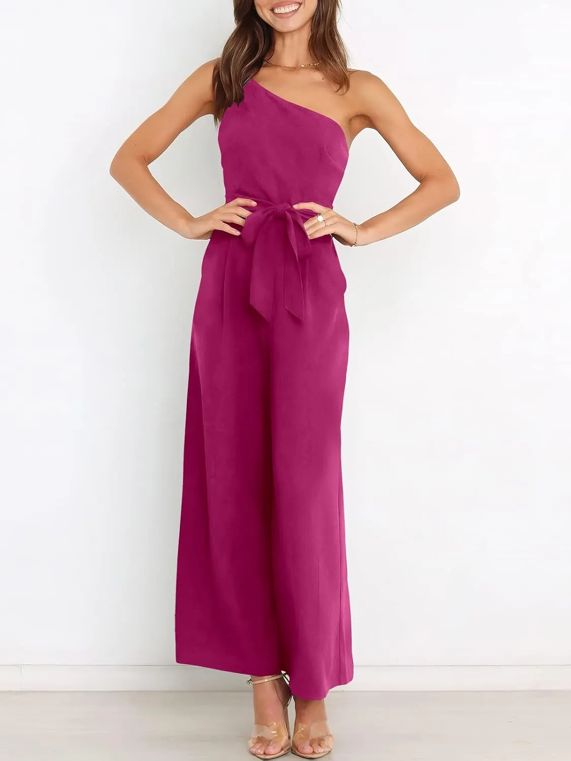 ANRABESS Women Summer Dressy Jumpsuits One Shoulder Sleeveless Casual Wide Leg Pants Romper Jumper 2025 Trendy Outfits