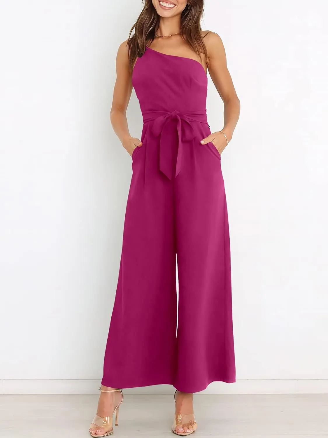 ANRABESS Women Summer Dressy Jumpsuits One Shoulder Sleeveless Casual Wide Leg Pants Romper Jumper 2025 Trendy Outfits