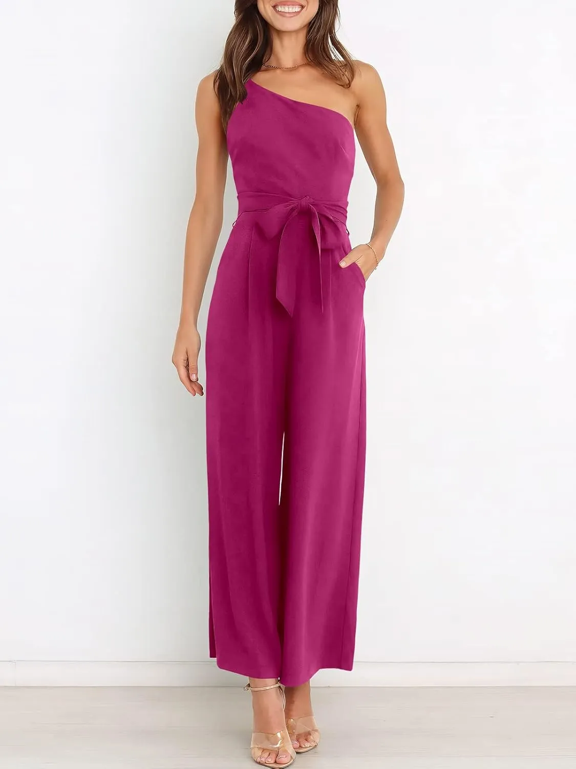 ANRABESS Women Summer Dressy Jumpsuits One Shoulder Sleeveless Casual Wide Leg Pants Romper Jumper 2025 Trendy Outfits