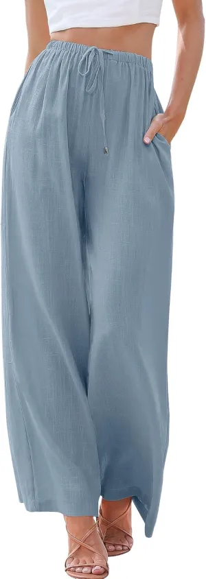 ANRABESS Womens Linen Palazzo Pants Summer Flowy Wide Leg Drawstring Casual Trousers with Pockets Beach Vacation Outfits