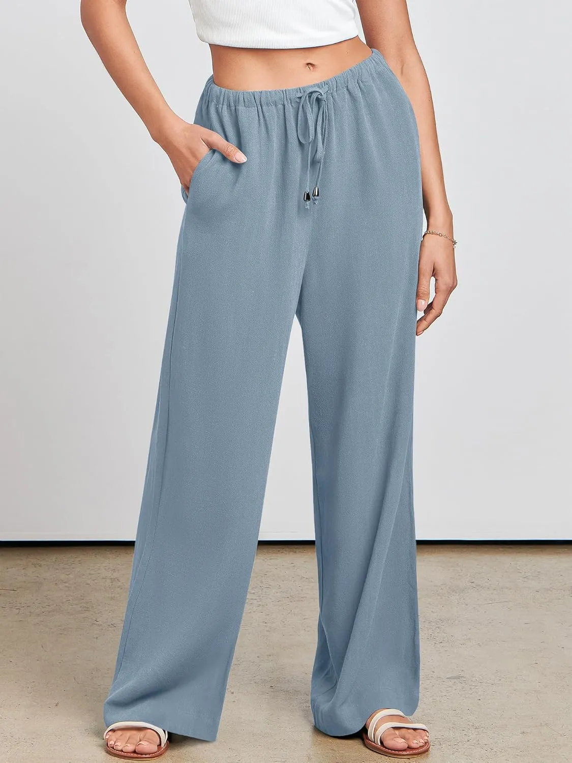 ANRABESS Womens Linen Palazzo Pants Summer Flowy Wide Leg Drawstring Casual Trousers with Pockets Beach Vacation Outfits