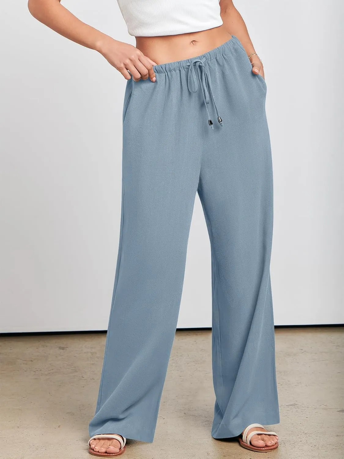 ANRABESS Womens Linen Palazzo Pants Summer Flowy Wide Leg Drawstring Casual Trousers with Pockets Beach Vacation Outfits