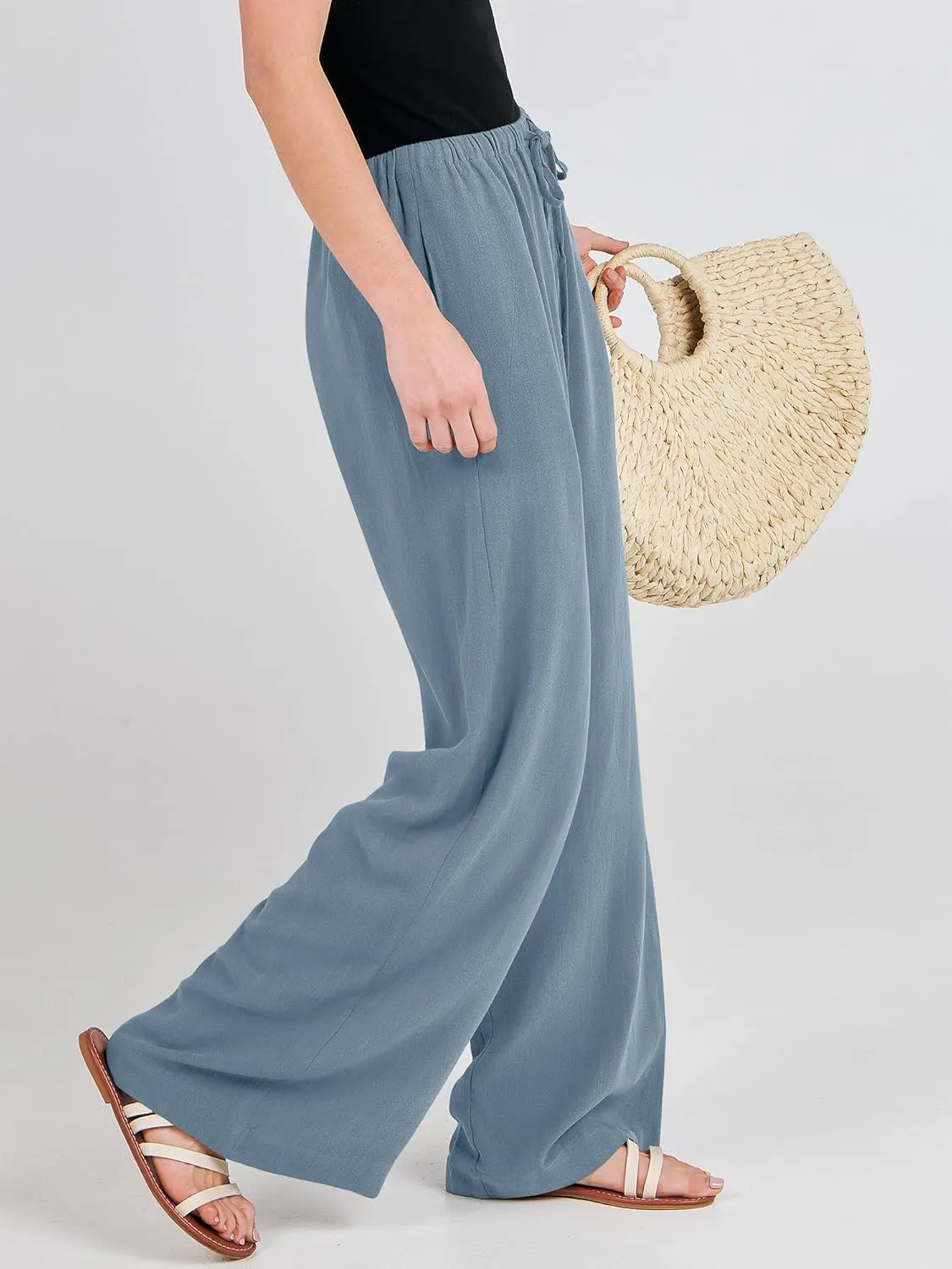 ANRABESS Womens Linen Palazzo Pants Summer Flowy Wide Leg Drawstring Casual Trousers with Pockets Beach Vacation Outfits