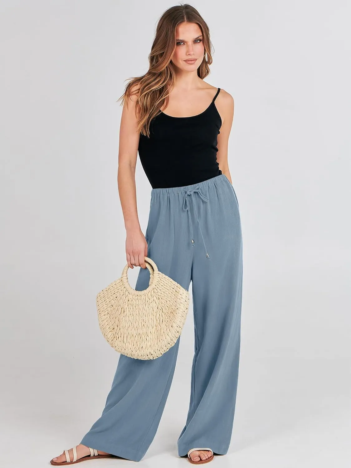 ANRABESS Womens Linen Palazzo Pants Summer Flowy Wide Leg Drawstring Casual Trousers with Pockets Beach Vacation Outfits