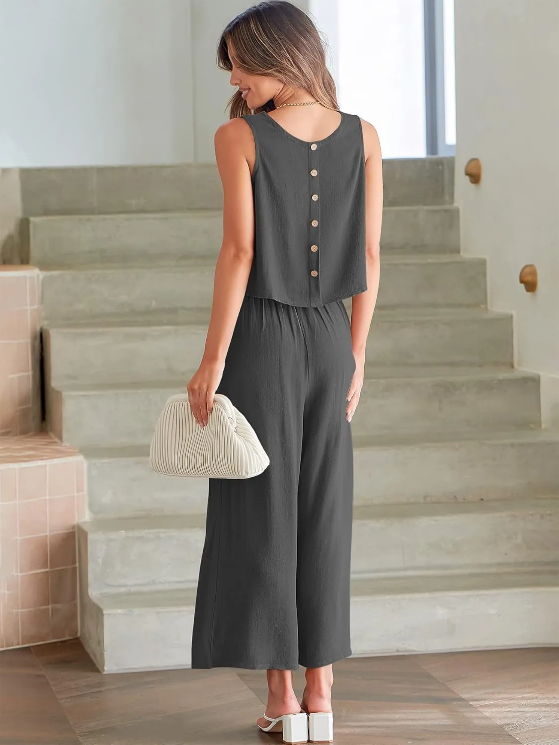 ANRABESS Women's Summer 2 Piece Outfits Sleeveless Crop Top Capri Wide Leg Pants Jumpsuit Linen Lounge Beach Travel Sets