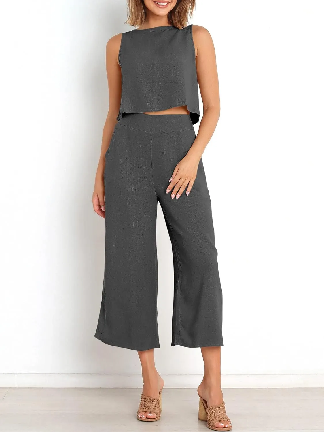 ANRABESS Women's Summer 2 Piece Outfits Sleeveless Crop Top Capri Wide Leg Pants Jumpsuit Linen Lounge Beach Travel Sets