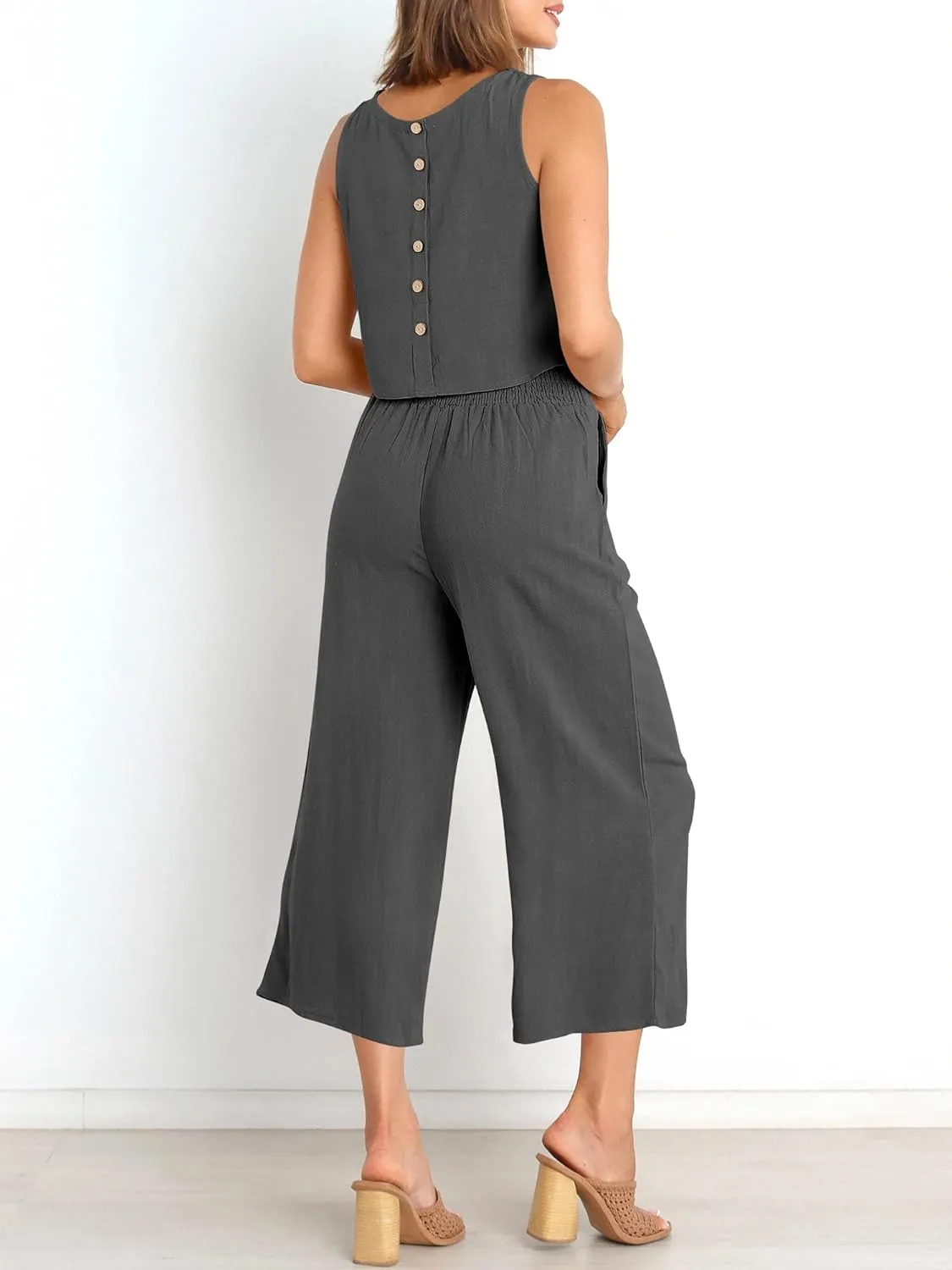 ANRABESS Women's Summer 2 Piece Outfits Sleeveless Crop Top Capri Wide Leg Pants Jumpsuit Linen Lounge Beach Travel Sets