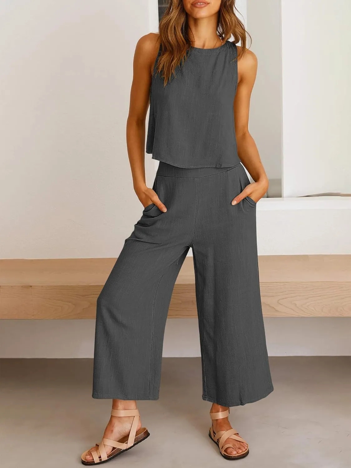 ANRABESS Women's Summer 2 Piece Outfits Sleeveless Crop Top Capri Wide Leg Pants Jumpsuit Linen Lounge Beach Travel Sets