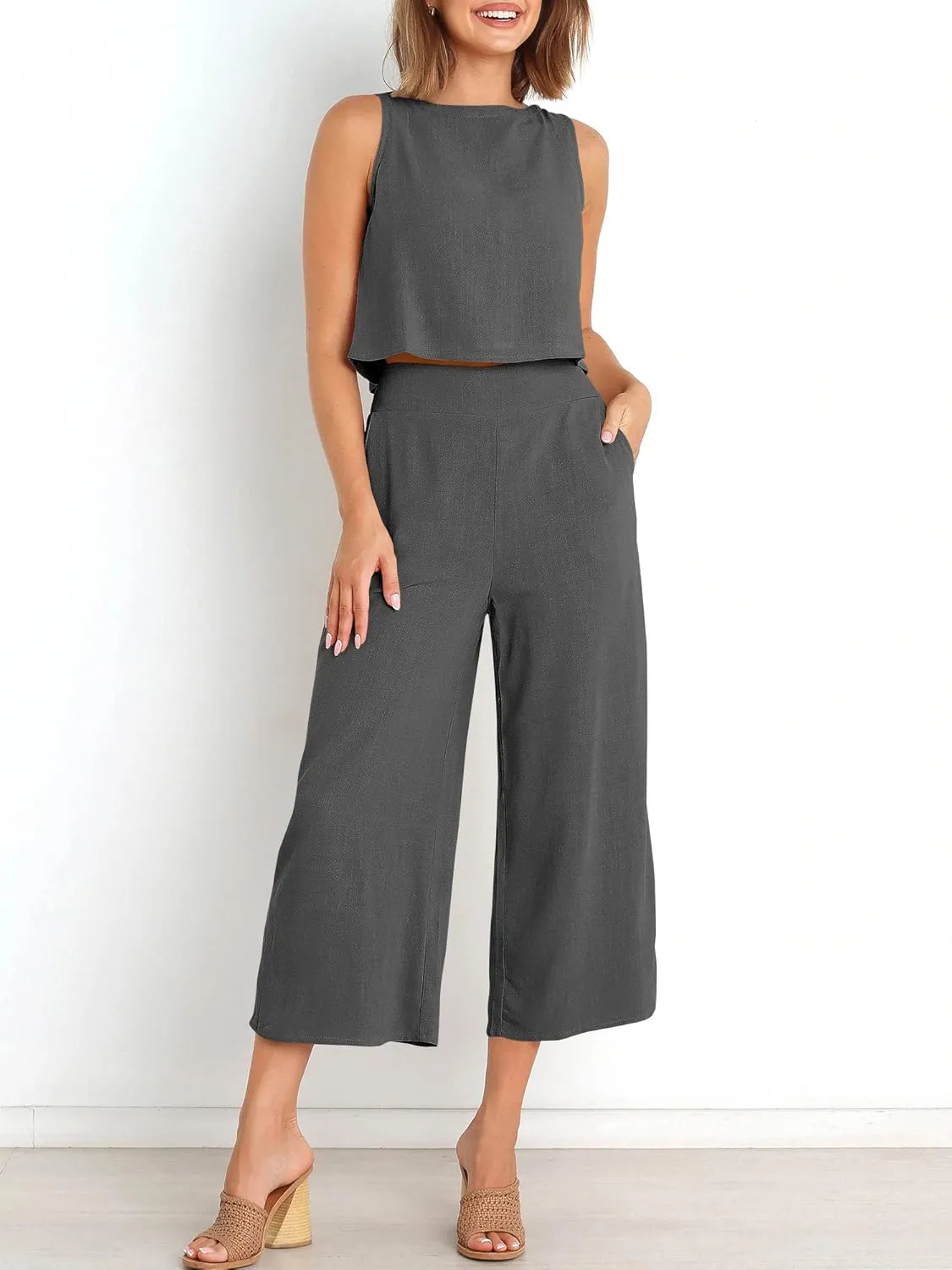 ANRABESS Women's Summer 2 Piece Outfits Sleeveless Crop Top Capri Wide Leg Pants Jumpsuit Linen Lounge Beach Travel Sets
