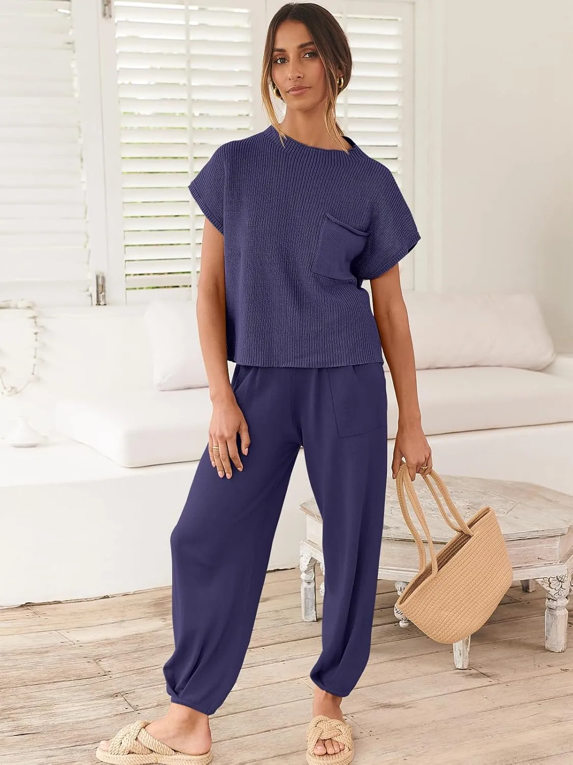 ANRABESS Women's Two Piece Outfits Knit Sweater Vest Crop Top Pants Lounge Matching Tracksuit Sweatsuit Travel Clothes Sets