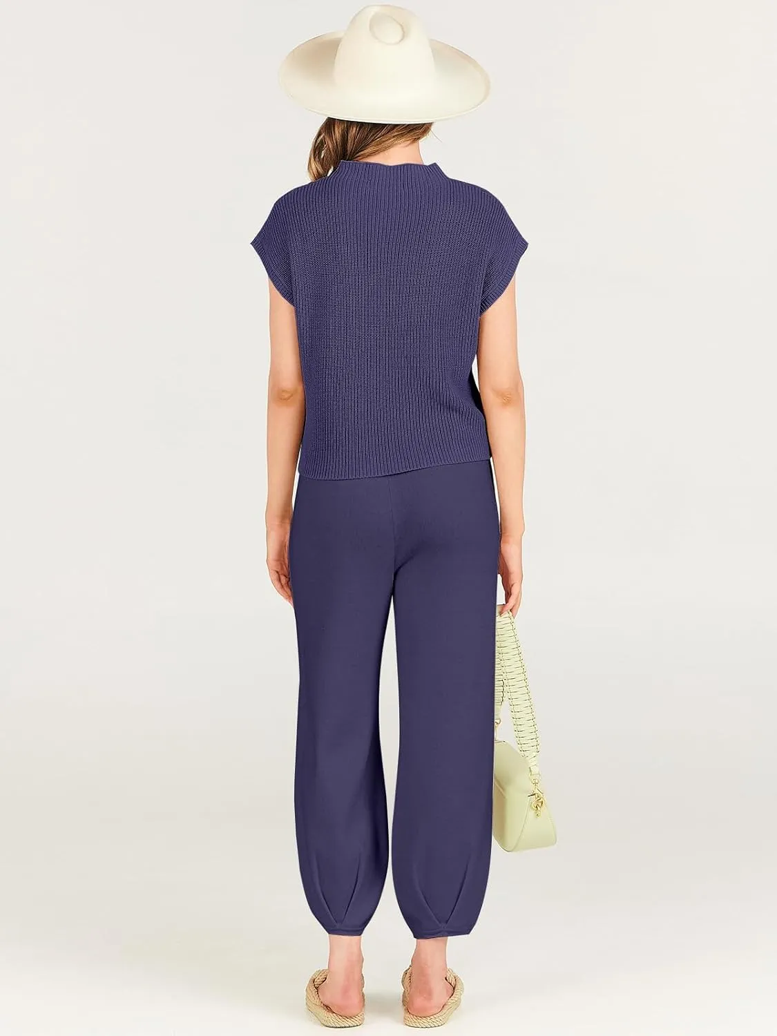 ANRABESS Women's Two Piece Outfits Knit Sweater Vest Crop Top Pants Lounge Matching Tracksuit Sweatsuit Travel Clothes Sets