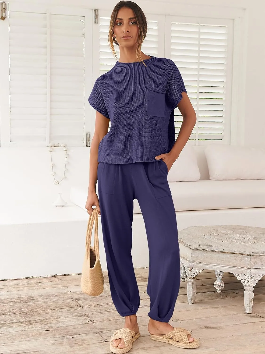 ANRABESS Women's Two Piece Outfits Knit Sweater Vest Crop Top Pants Lounge Matching Tracksuit Sweatsuit Travel Clothes Sets