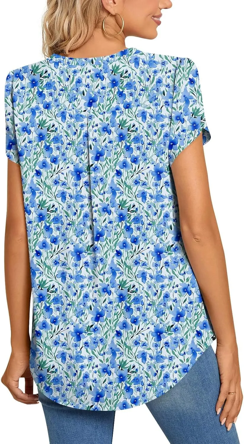 Aodemo Women's 2025 Summer Dressy Chiffon Blouse Petal Short Sleeve V Neck Tunic Tops Office Work Shirt for Leggings
