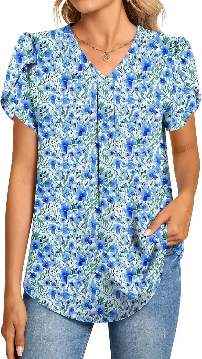 Aodemo Women's 2025 Summer Dressy Chiffon Blouse Petal Short Sleeve V Neck Tunic Tops Office Work Shirt for Leggings