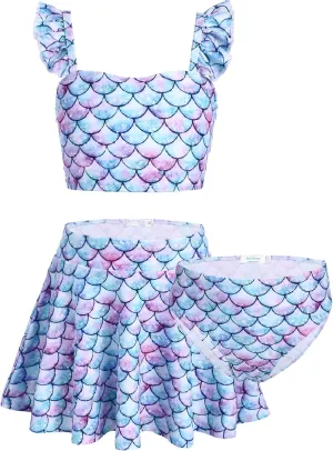 Arshiner Girls Swimsuit 3 Piece Bathing Suits Cute Bikini Tankini Sets Teen Ruffle Swimwear with Cover Up Skirt