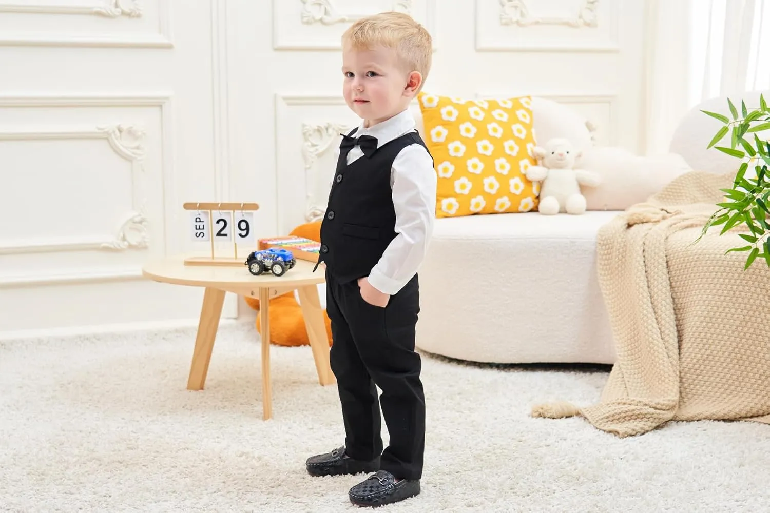 ARTMINE Toddler Boy Clothes Suit Gentleman Wedding Outfits, Formal Dress Shirt Bowtie Vest Pants