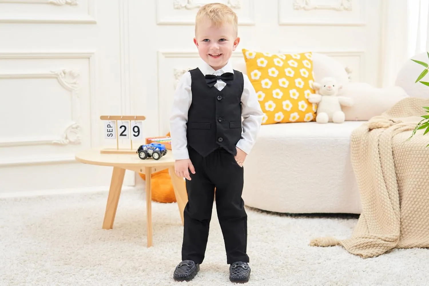 ARTMINE Toddler Boy Clothes Suit Gentleman Wedding Outfits, Formal Dress Shirt Bowtie Vest Pants