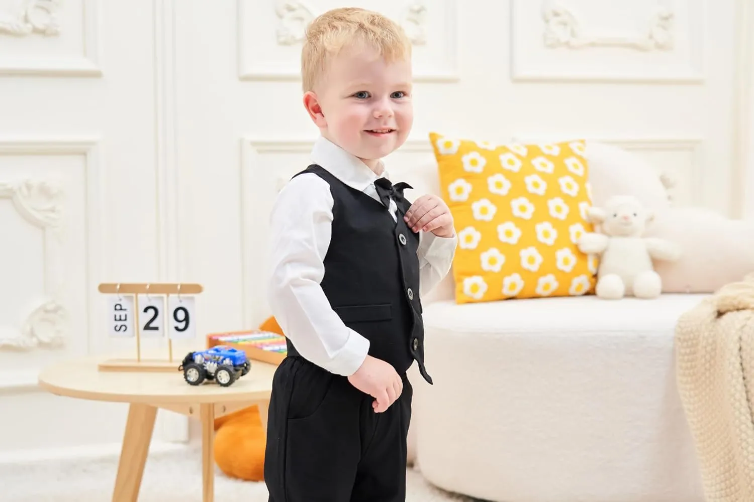 ARTMINE Toddler Boy Clothes Suit Gentleman Wedding Outfits, Formal Dress Shirt Bowtie Vest Pants