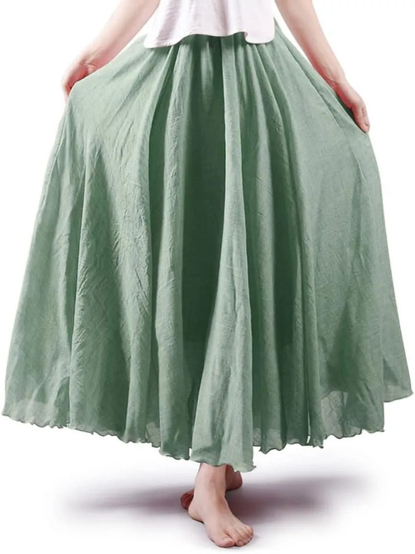 ASHER FASHION Women's Bohemian Style Elastic Waist Band Cotton Linen Long Maxi Skirt Dress