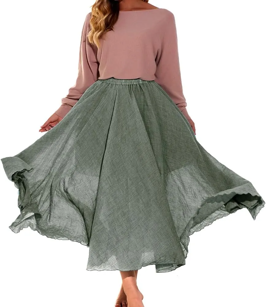 ASHER FASHION Women's Bohemian Style Elastic Waist Band Cotton Linen Long Maxi Skirt Dress