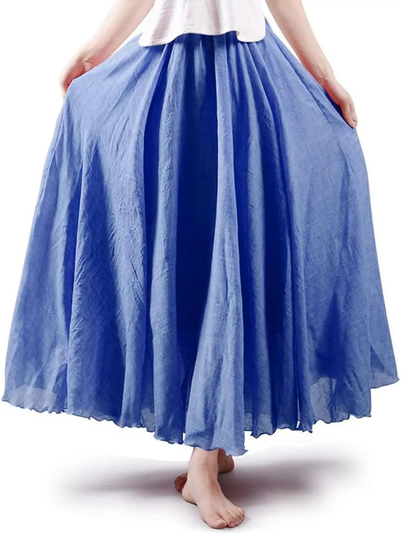ASHER FASHION Women's Bohemian Style Elastic Waist Band Cotton Linen Long Maxi Skirt Dress