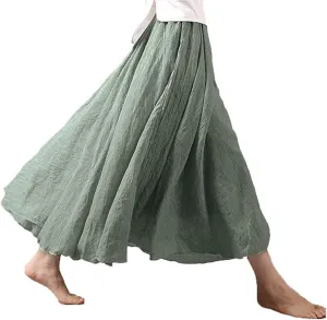 ASHER FASHION Women's Bohemian Style Elastic Waist Band Cotton Linen Long Maxi Skirt Dress