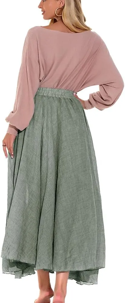 ASHER FASHION Women's Bohemian Style Elastic Waist Band Cotton Linen Long Maxi Skirt Dress