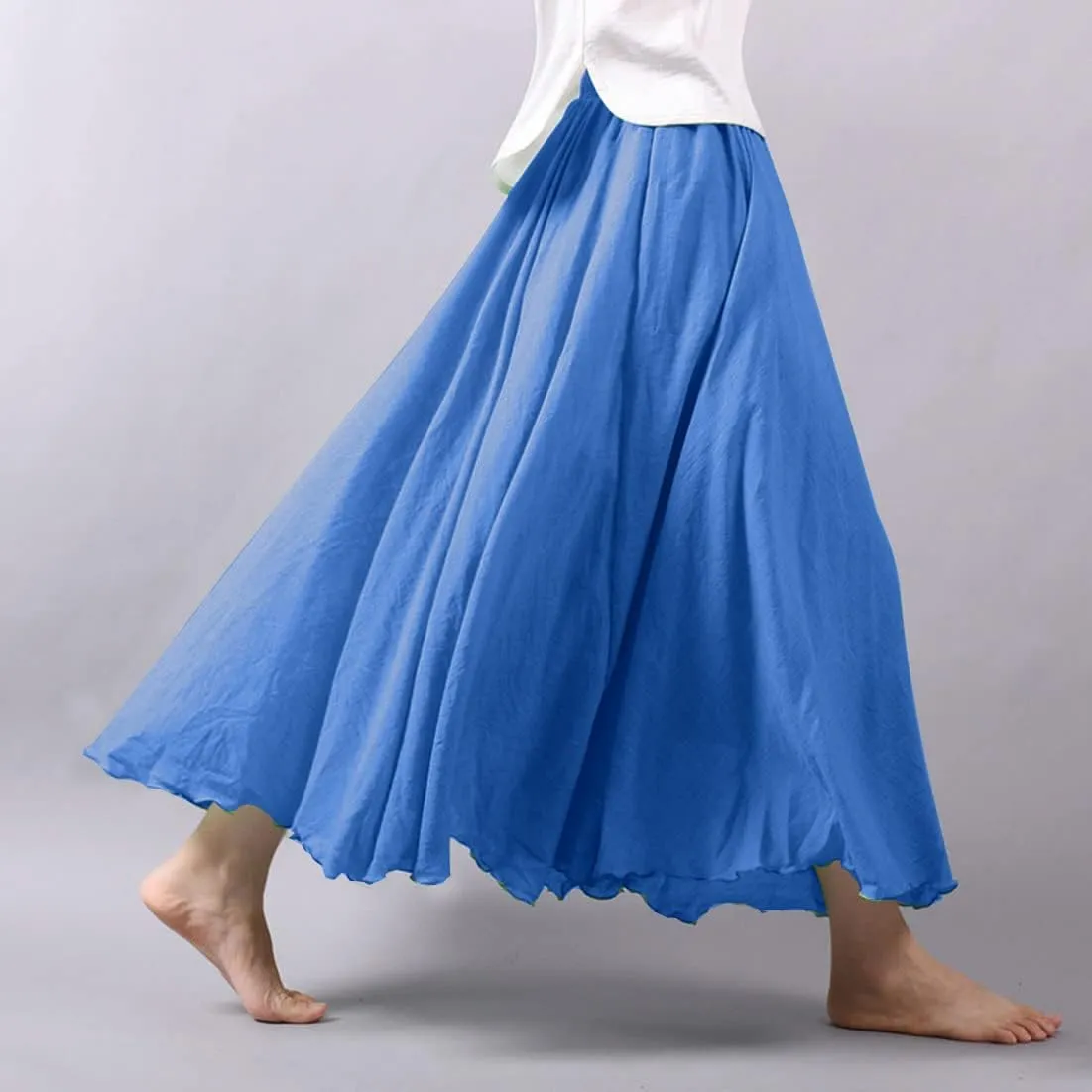 ASHER FASHION Women's Bohemian Style Elastic Waist Band Cotton Linen Long Maxi Skirt Dress