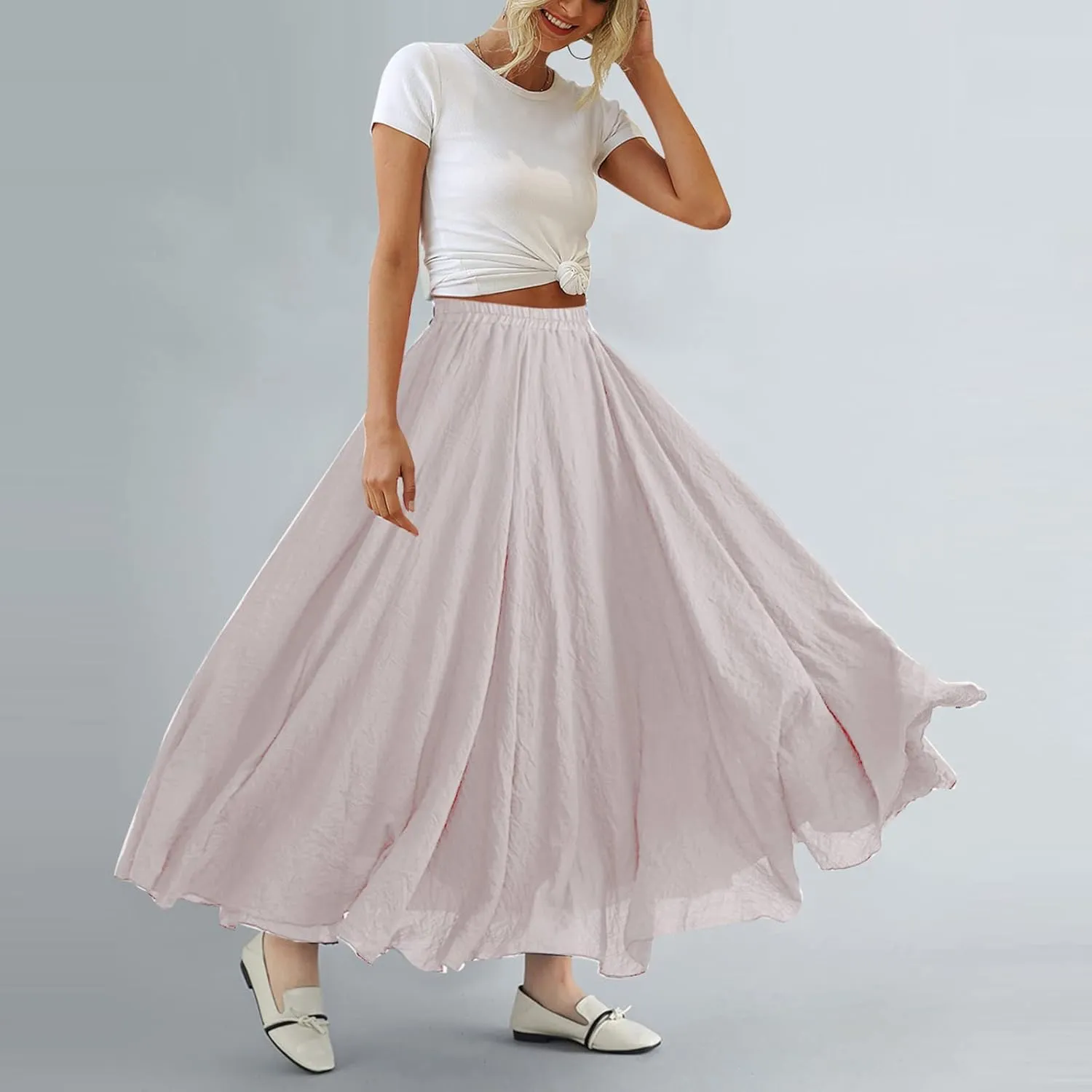 ASHER FASHION Women's Bohemian Style Elastic Waist Band Cotton Linen Long Maxi Skirt Dress