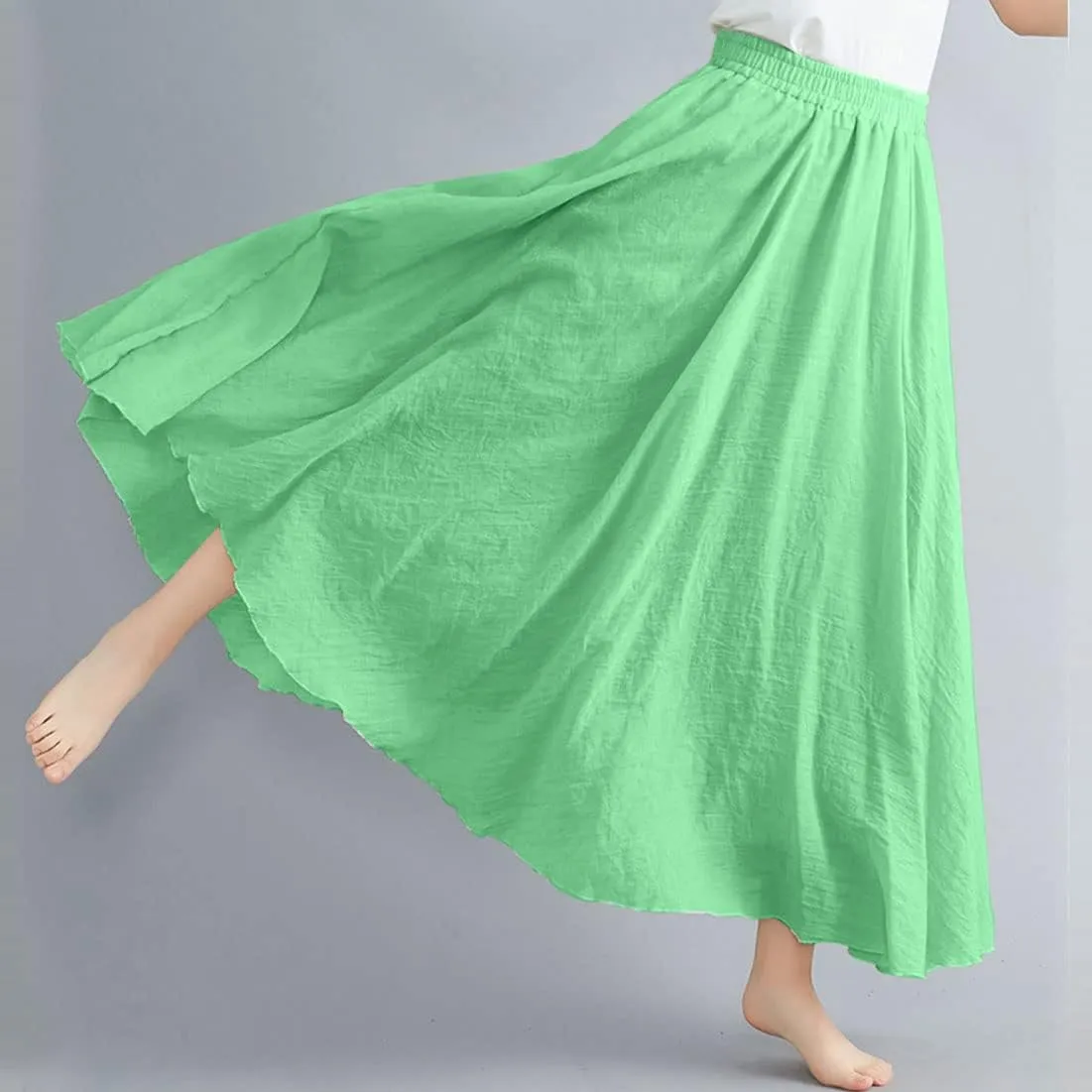 ASHER FASHION Women's Bohemian Style Elastic Waist Band Cotton Linen Long Maxi Skirt Dress