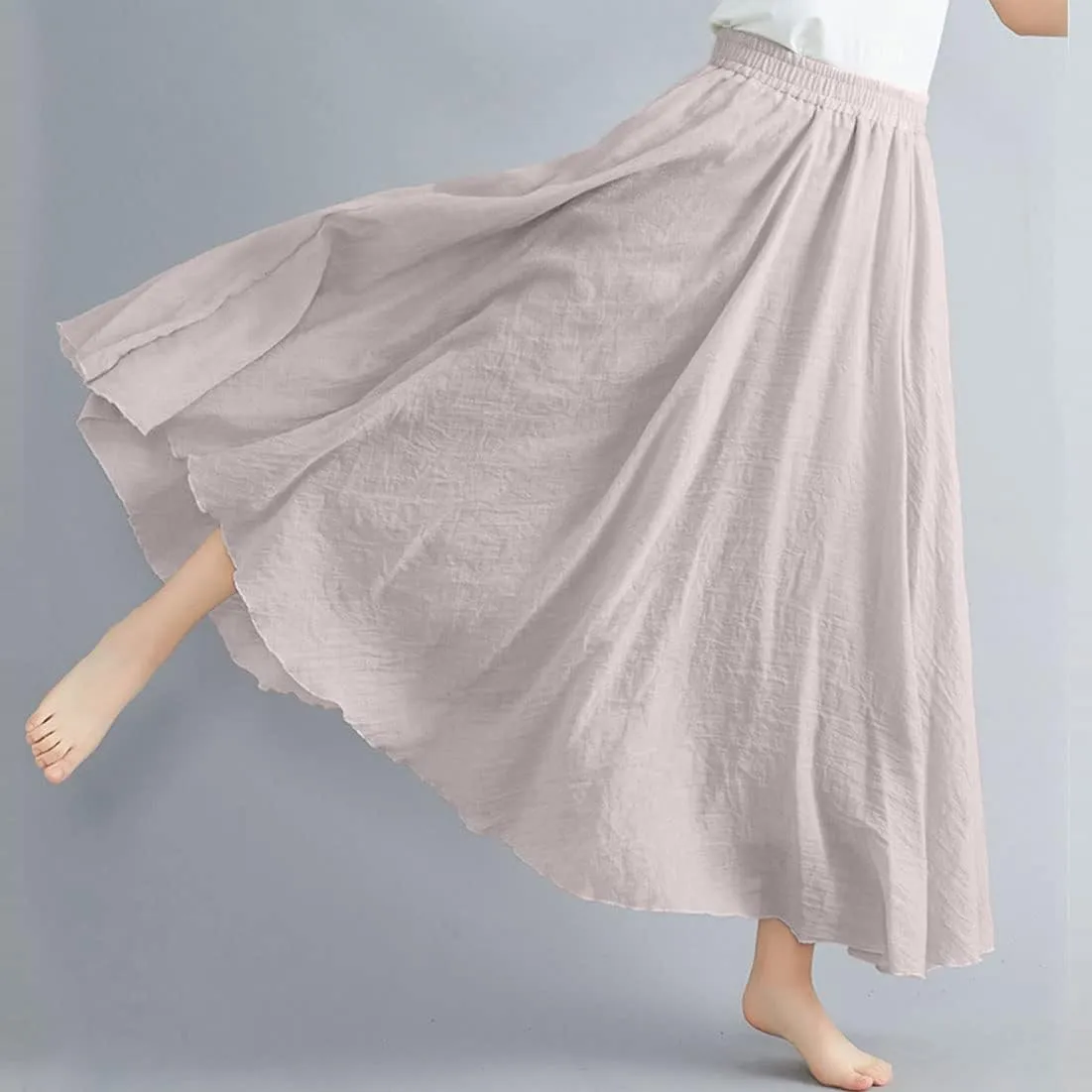 ASHER FASHION Women's Bohemian Style Elastic Waist Band Cotton Linen Long Maxi Skirt Dress