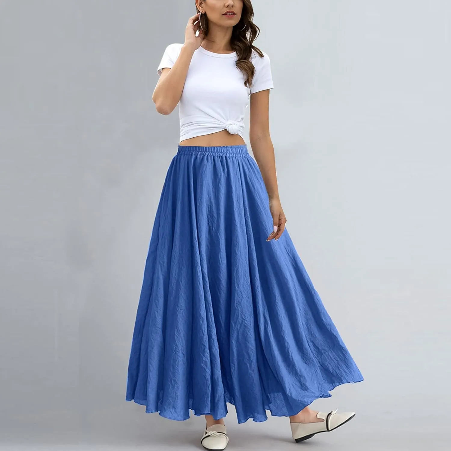 ASHER FASHION Women's Bohemian Style Elastic Waist Band Cotton Linen Long Maxi Skirt Dress