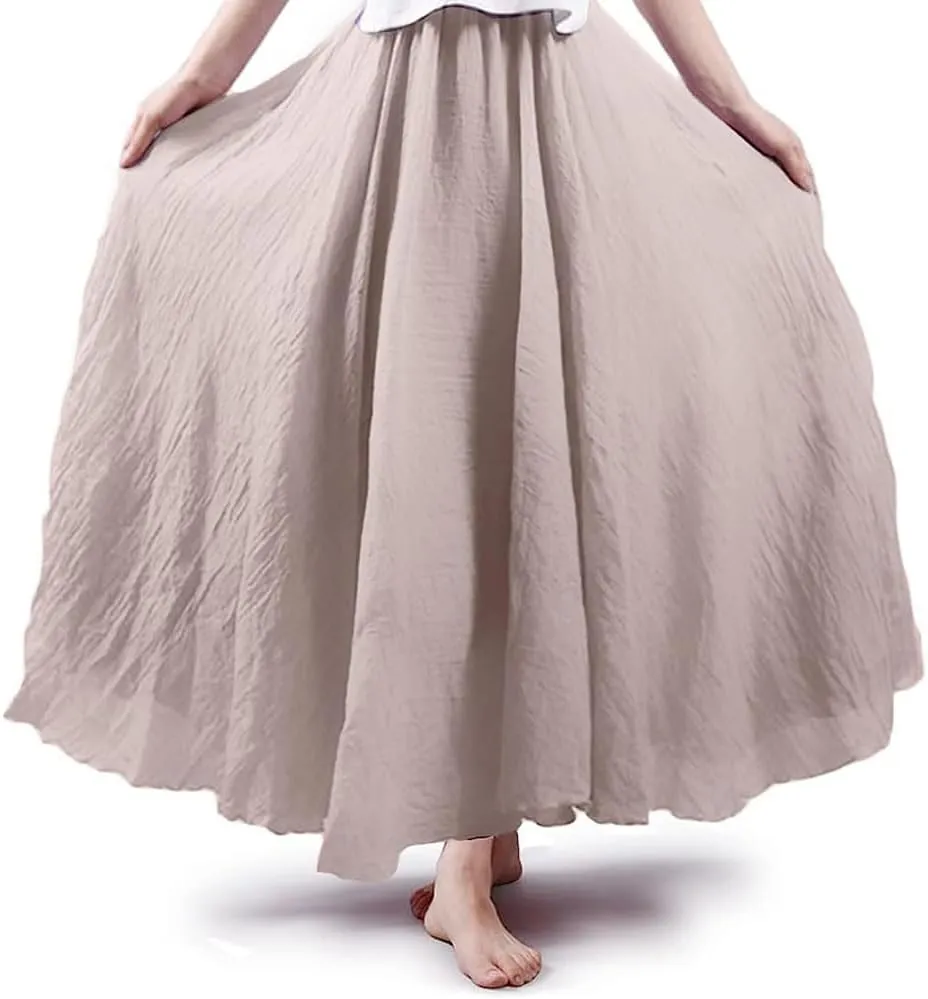 ASHER FASHION Women's Bohemian Style Elastic Waist Band Cotton Linen Long Maxi Skirt Dress