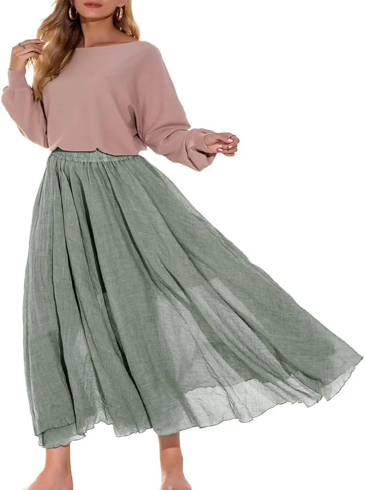 ASHER FASHION Women's Bohemian Style Elastic Waist Band Cotton Linen Long Maxi Skirt Dress