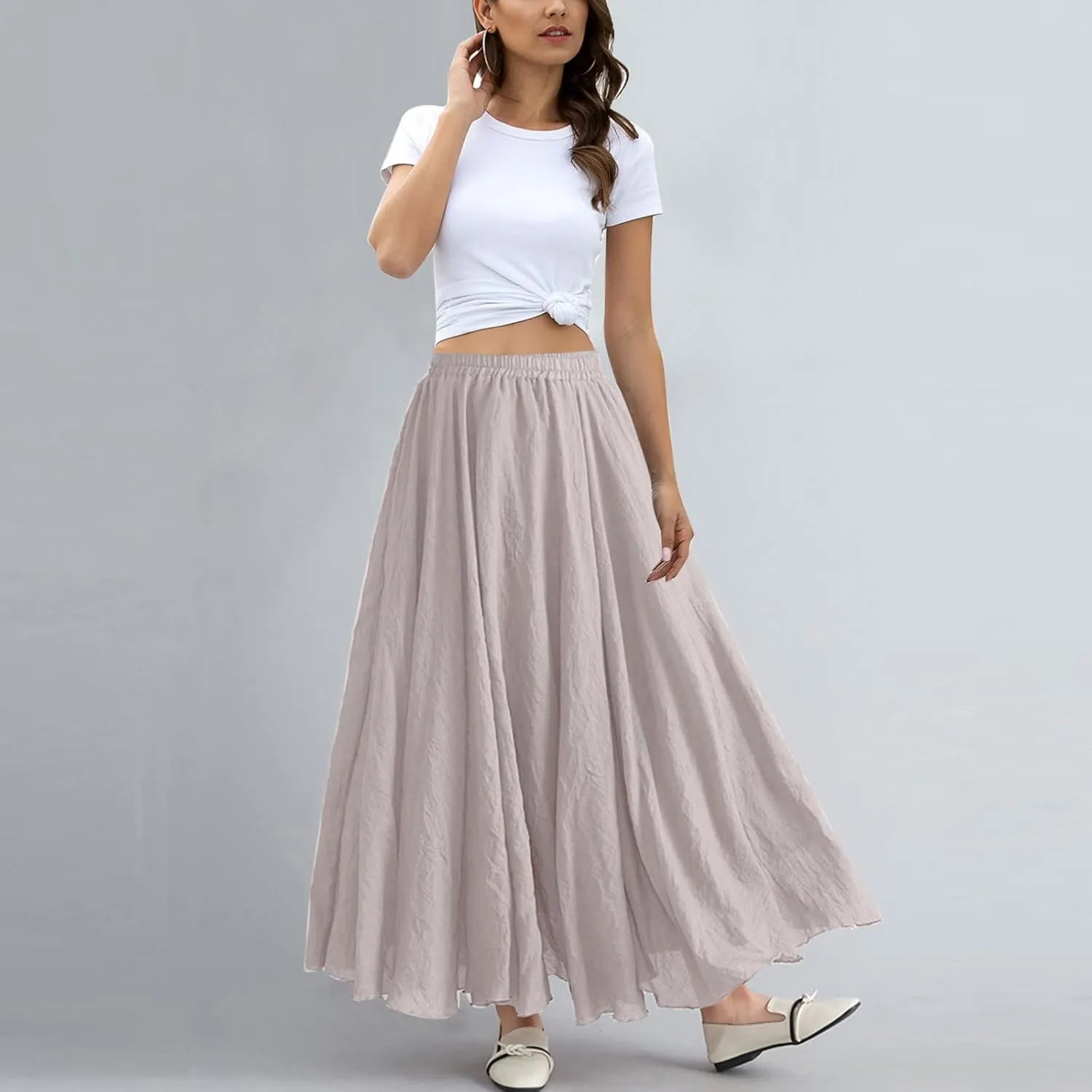 ASHER FASHION Women's Bohemian Style Elastic Waist Band Cotton Linen Long Maxi Skirt Dress