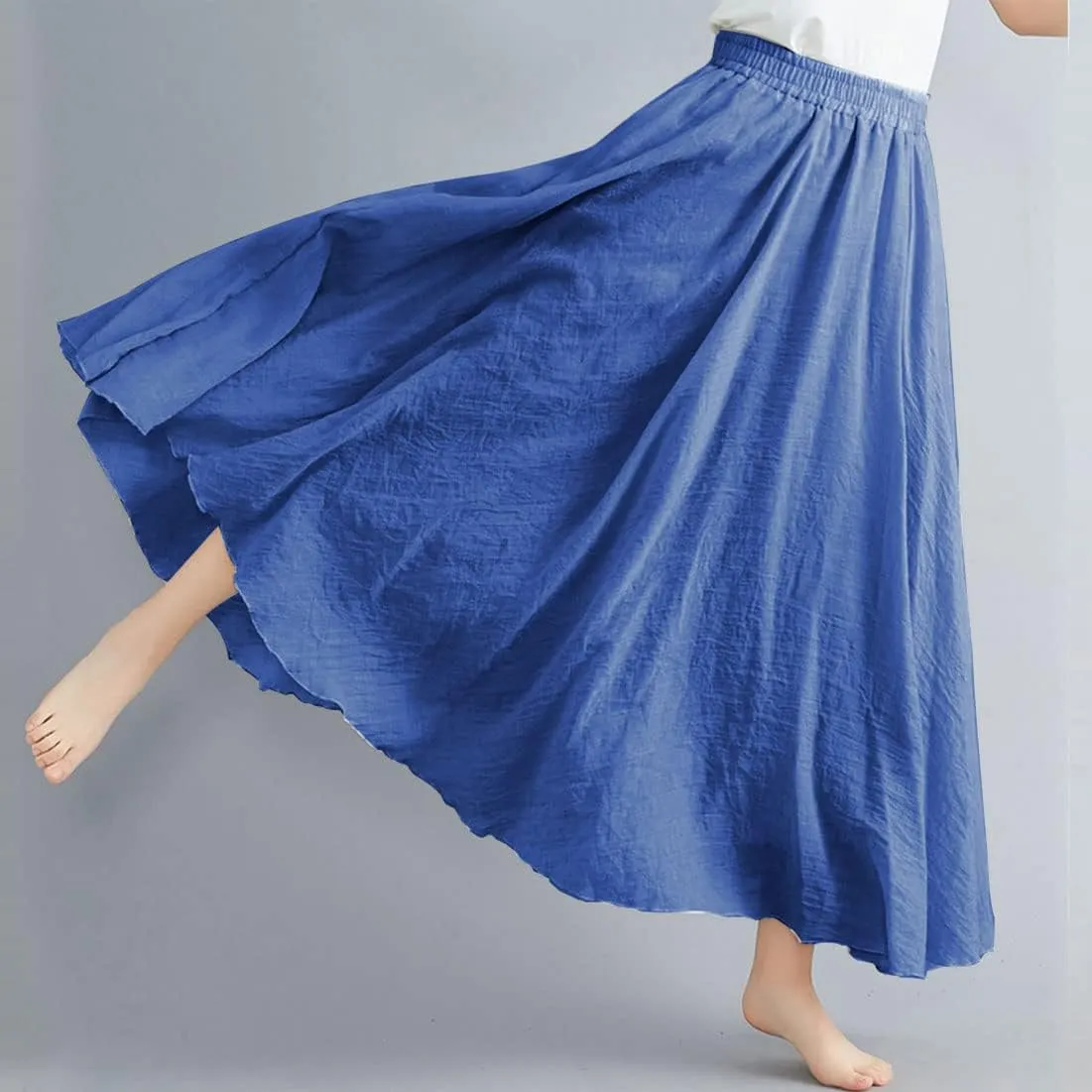ASHER FASHION Women's Bohemian Style Elastic Waist Band Cotton Linen Long Maxi Skirt Dress
