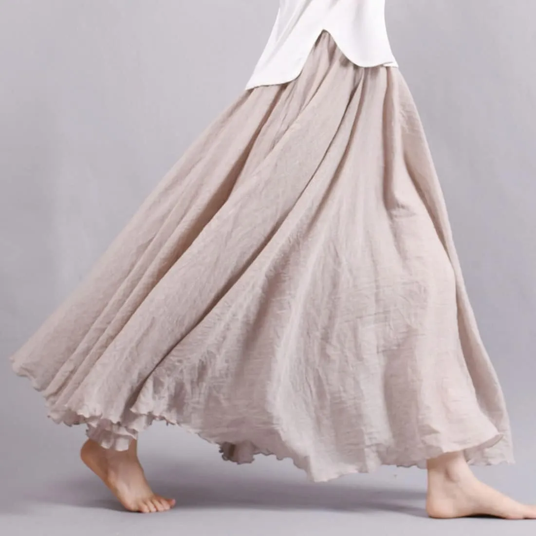 ASHER FASHION Women's Bohemian Style Elastic Waist Band Cotton Linen Long Maxi Skirt Dress