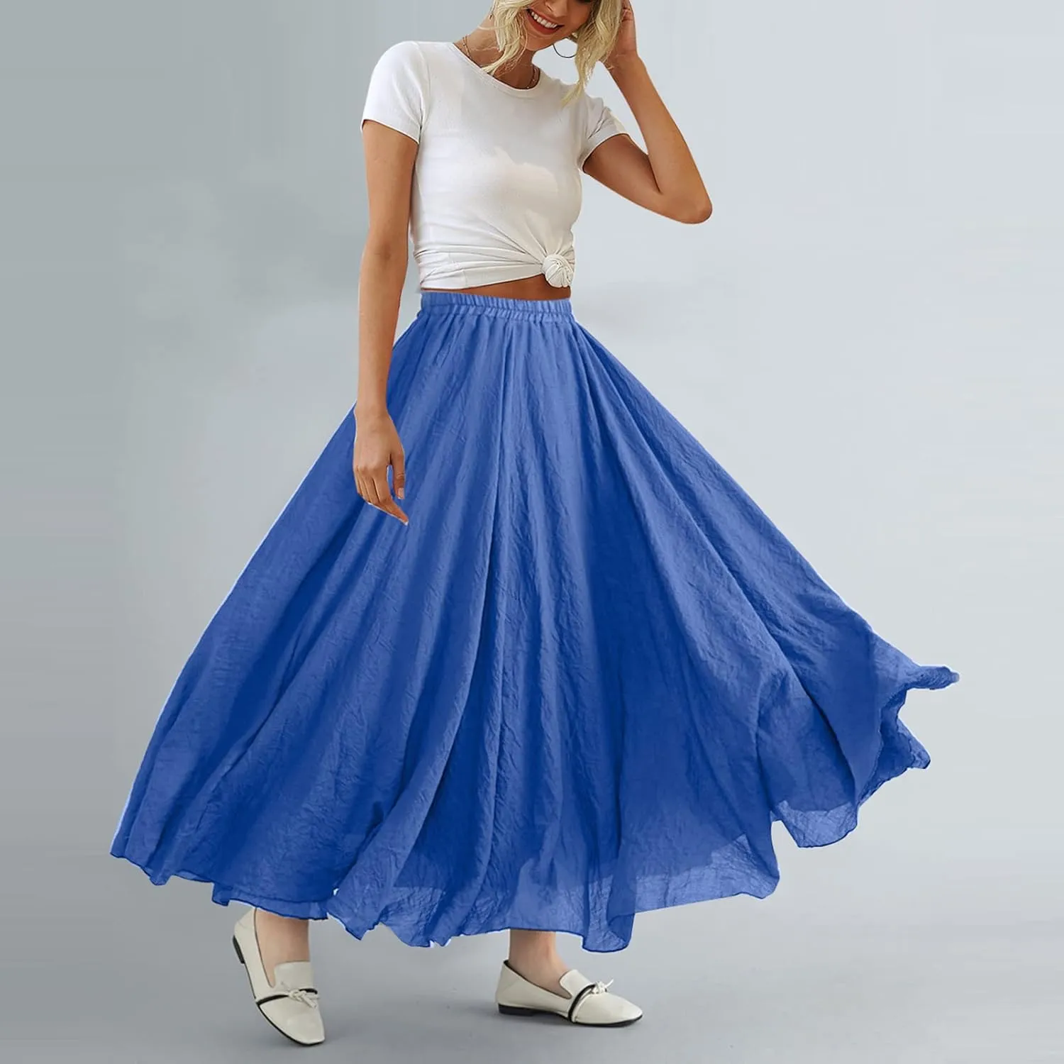 ASHER FASHION Women's Bohemian Style Elastic Waist Band Cotton Linen Long Maxi Skirt Dress