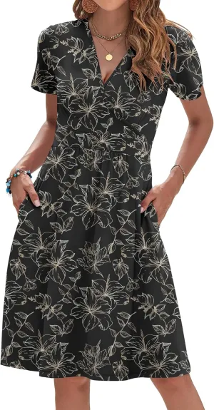 AUSELILY Womens Summer Dresses 2025 Short Sleeve V Neck Floral Sundress with Pockets