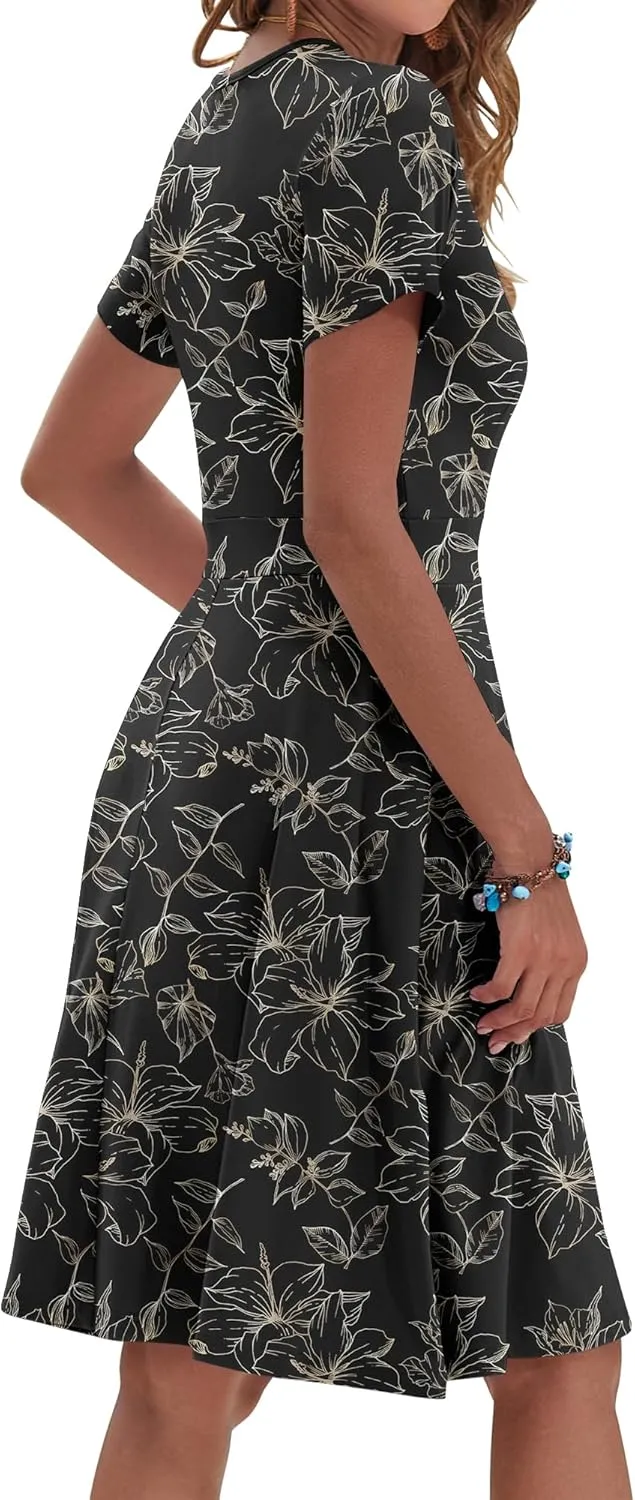AUSELILY Womens Summer Dresses 2025 Short Sleeve V Neck Floral Sundress with Pockets