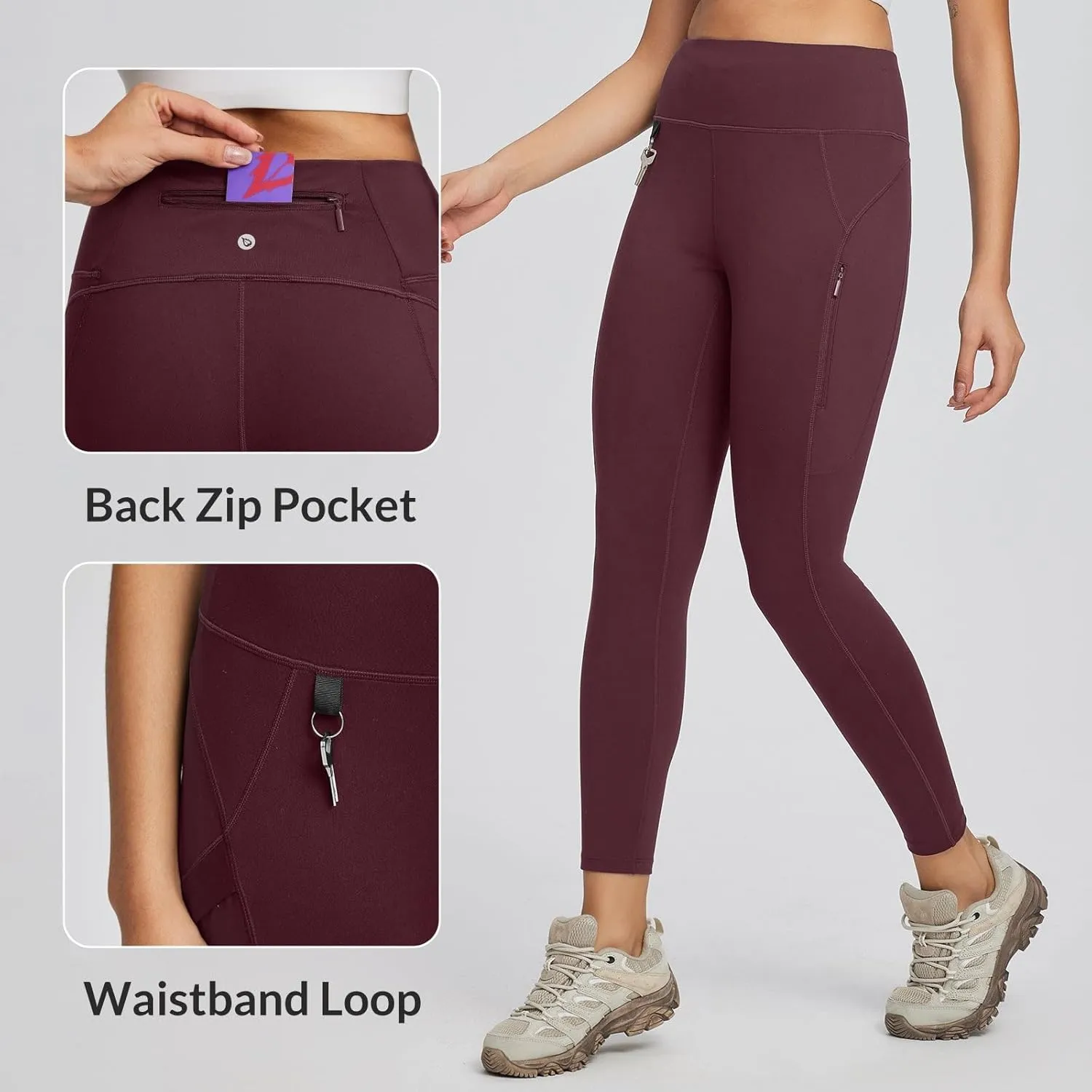 baleaf Women's High Waist Leggings with Pocket Hiking Pants Tummy Control 3 Pocket for Athletic Outdoor Running