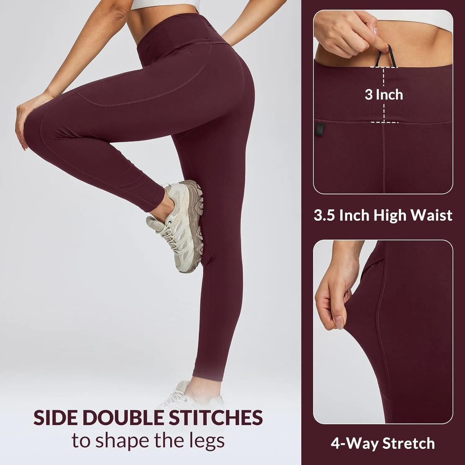 baleaf Women's High Waist Leggings with Pocket Hiking Pants Tummy Control 3 Pocket for Athletic Outdoor Running