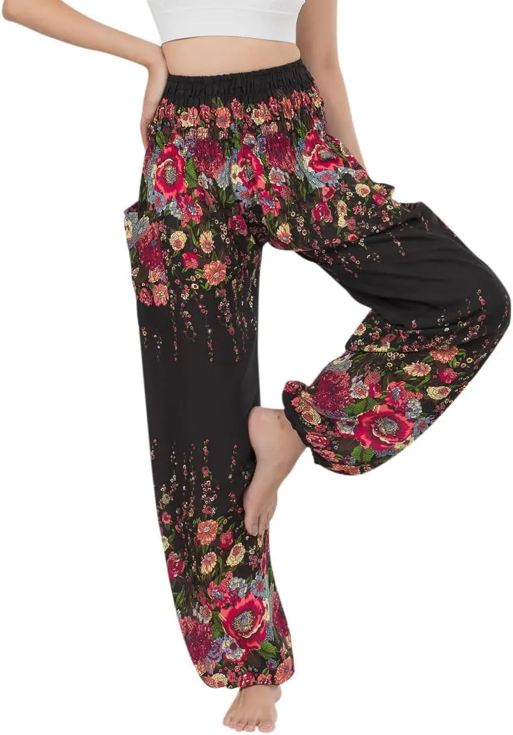 Banjamath Women's Smocked Waist Harem Hippie Boho Yoga Palazzo Casual Pants (M,Floral Black 2)