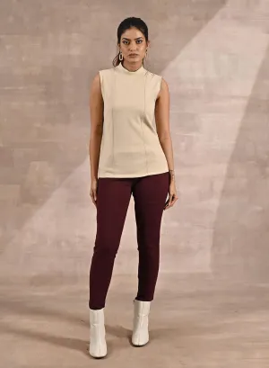 Beige Sleeveless Winter Top with Fine Stitch Detailing
