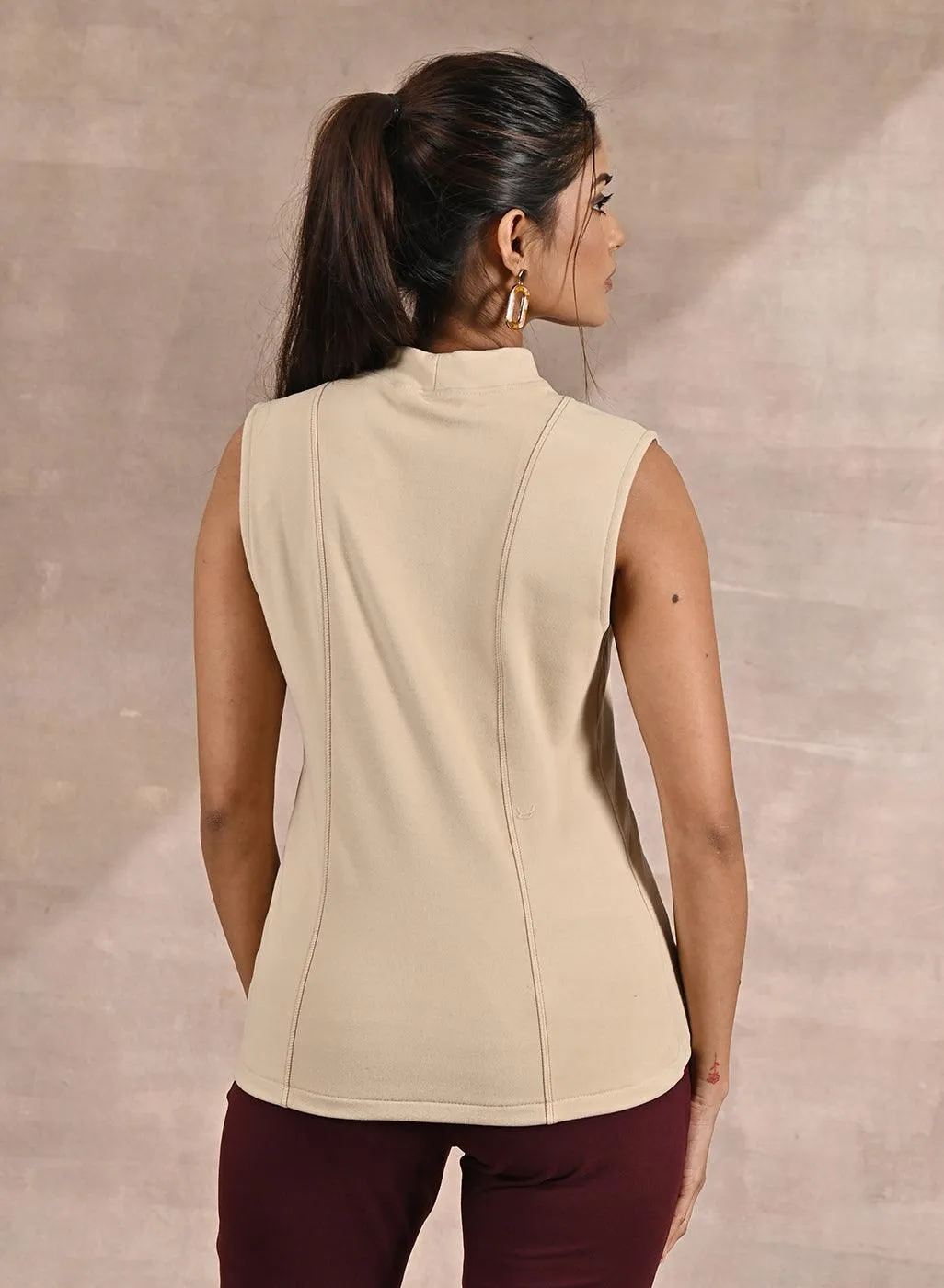 Beige Sleeveless Winter Top with Fine Stitch Detailing