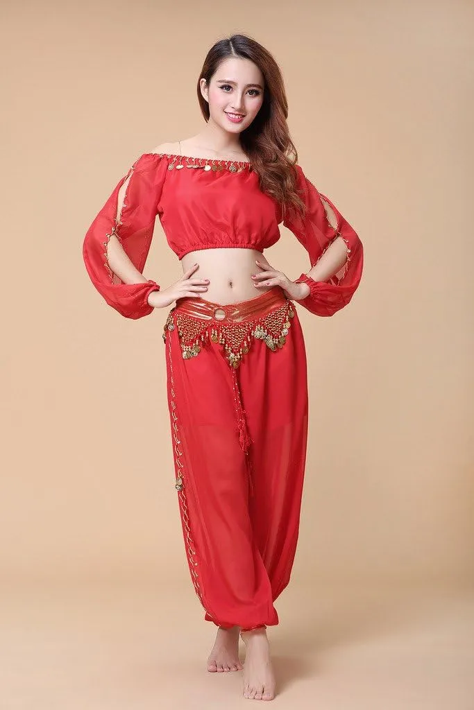 Belly Dance Chiffon Long Sleeves Top and Lantern Coins Pants Black, One Size