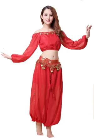 Belly Dance Chiffon Long Sleeves Top and Lantern Coins Pants Black, One Size