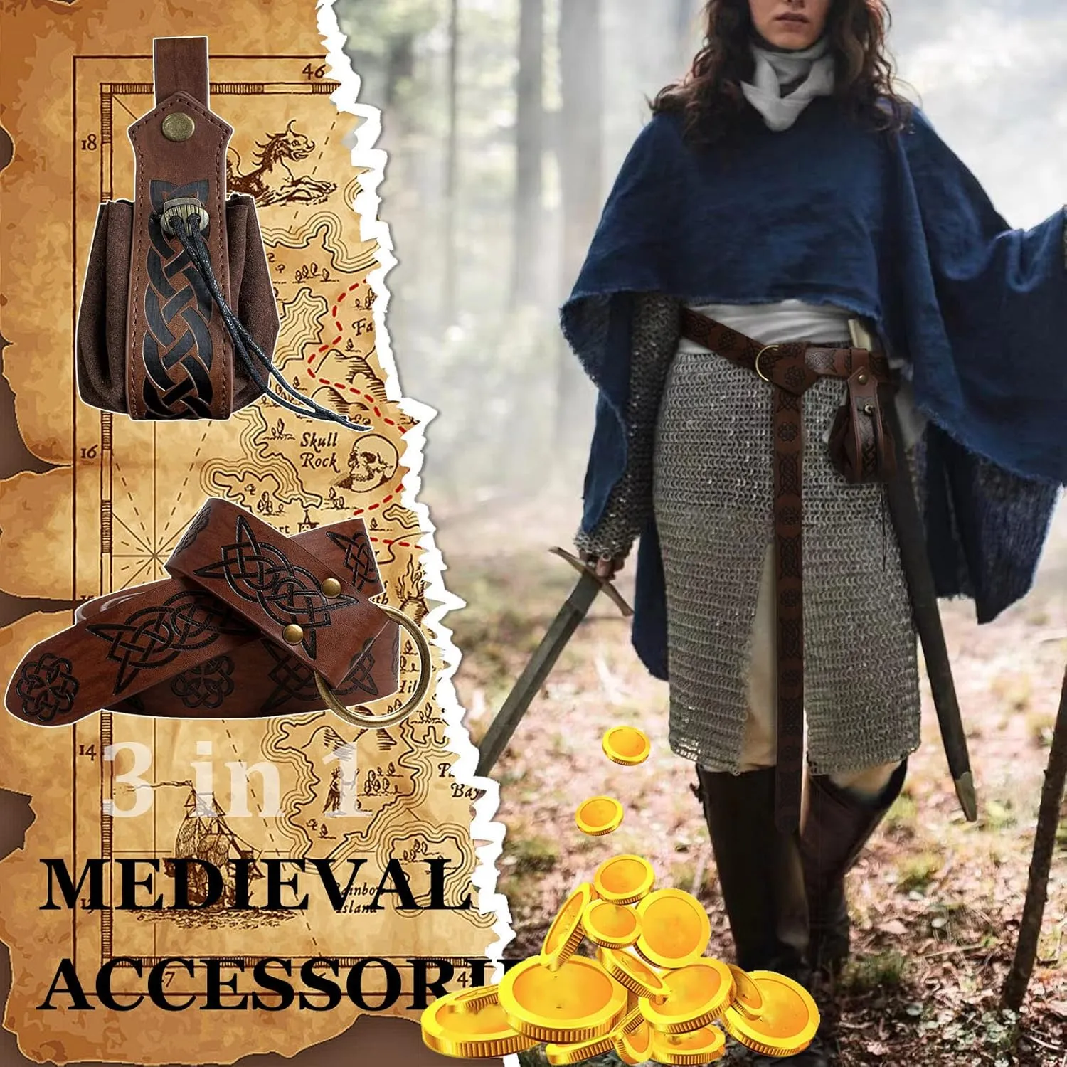 Belt Pouch Waist Bag Fanny Pack Medieval Vintage Leather Pouch Cellphone Holder Holster Carry Belt Purse Pocket Casual Hiking Festival Renaissance Faire Costume Props Travel Wallet (Brown)