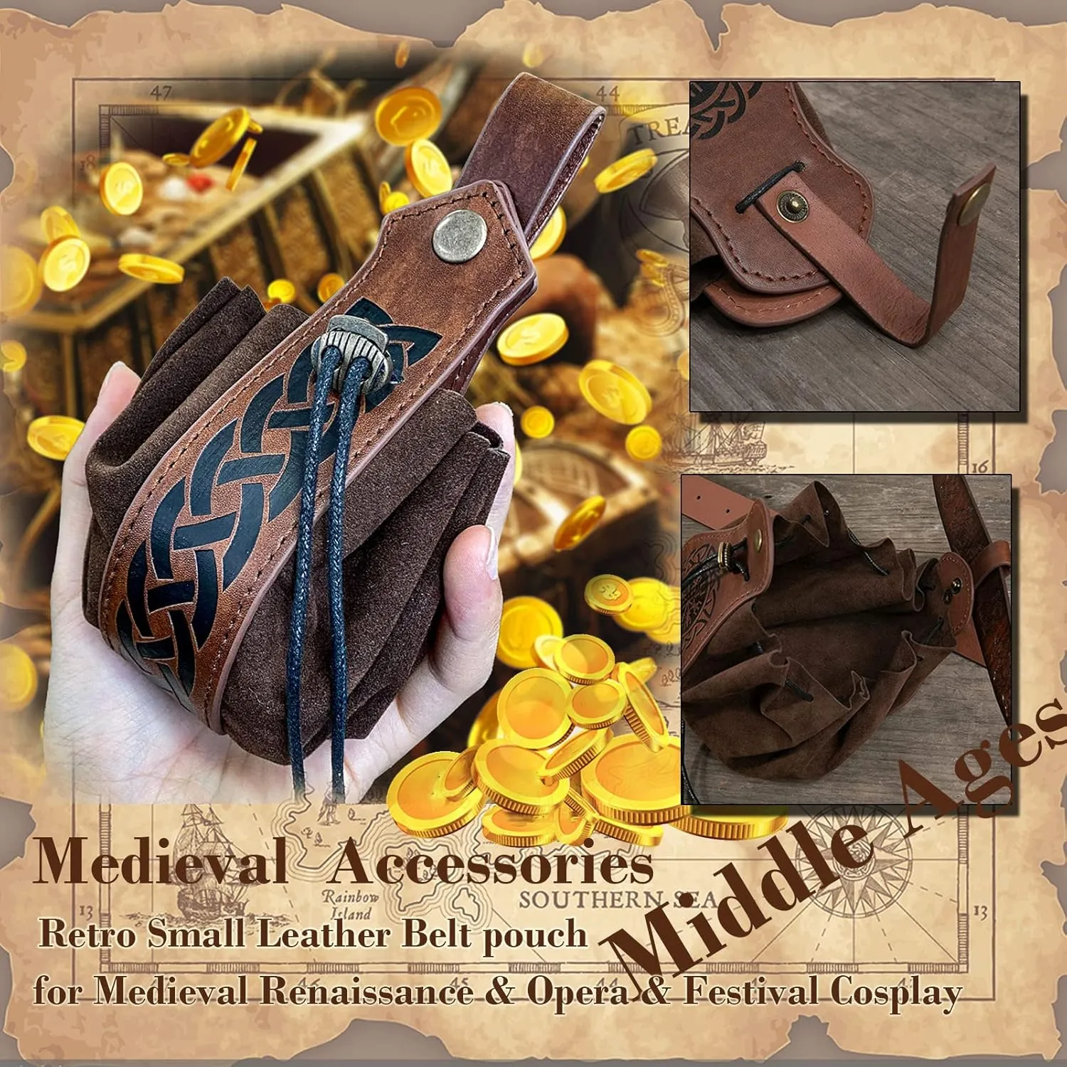 Belt Pouch Waist Bag Fanny Pack Medieval Vintage Leather Pouch Cellphone Holder Holster Carry Belt Purse Pocket Casual Hiking Festival Renaissance Faire Costume Props Travel Wallet (Brown)